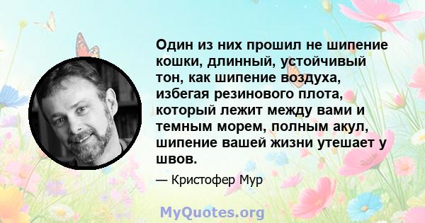 Один из них прошил не шипение кошки, длинный, устойчивый тон, как шипение воздуха, избегая резинового плота, который лежит между вами и темным морем, полным акул, шипение вашей жизни утешает у швов.