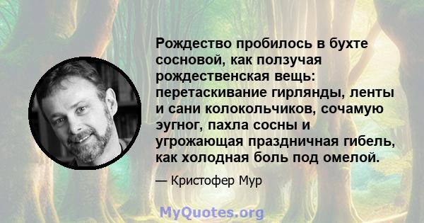 Рождество пробилось в бухте сосновой, как ползучая рождественская вещь: перетаскивание гирлянды, ленты и сани колокольчиков, сочамую эугног, пахла сосны и угрожающая праздничная гибель, как холодная боль под омелой.