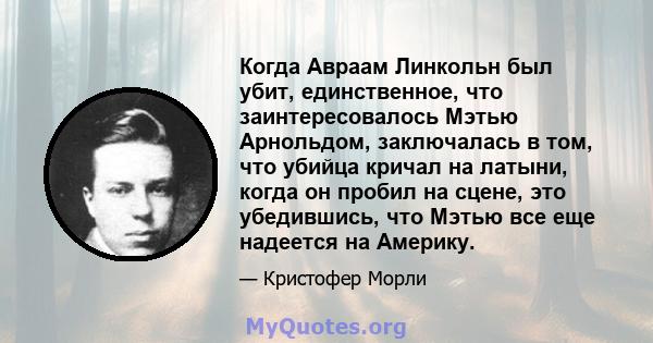 Когда Авраам Линкольн был убит, единственное, что заинтересовалось Мэтью Арнольдом, заключалась в том, что убийца кричал на латыни, когда он пробил на сцене, это убедившись, что Мэтью все еще надеется на Америку.