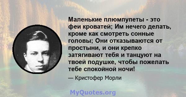 Маленькие плюмпупеты - это феи кроватей; Им нечего делать, кроме как смотреть сонные головы; Они отказываются от простыни, и они крепко затягивают тебя и танцуют на твоей подушке, чтобы пожелать тебе спокойной ночи!