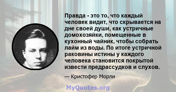 Правда - это то, что каждый человек видит, что скрывается на дне своей души, как устричные домохозяйки, помещенные в кухонный чайник, чтобы собрать лайм из воды. По итоге устричной раковины истины у каждого человека