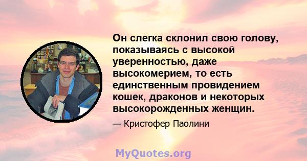 Он слегка склонил свою голову, показываясь с высокой уверенностью, даже высокомерием, то есть единственным провидением кошек, драконов и некоторых высокорожденных женщин.