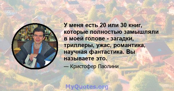 У меня есть 20 или 30 книг, которые полностью замышляли в моей голове - загадки, триллеры, ужас, романтика, научная фантастика. Вы называете это.