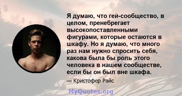 Я думаю, что гей-сообщество, в целом, пренебрегает высокопоставленными фигурами, которые остаются в шкафу. Но я думаю, что много раз нам нужно спросить себя, какова была бы роль этого человека в нашем сообществе, если