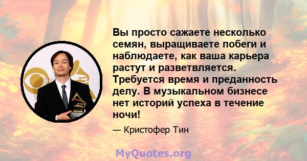 Вы просто сажаете несколько семян, выращиваете побеги и наблюдаете, как ваша карьера растут и разветвляется. Требуется время и преданность делу. В музыкальном бизнесе нет историй успеха в течение ночи!