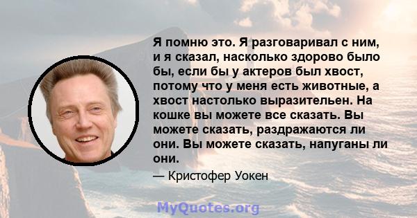 Я помню это. Я разговаривал с ним, и я сказал, насколько здорово было бы, если бы у актеров был хвост, потому что у меня есть животные, а хвост настолько выразительен. На кошке вы можете все сказать. Вы можете сказать,