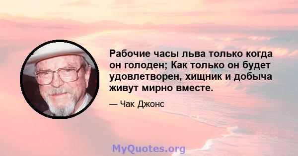 Рабочие часы льва только когда он голоден; Как только он будет удовлетворен, хищник и добыча живут мирно вместе.