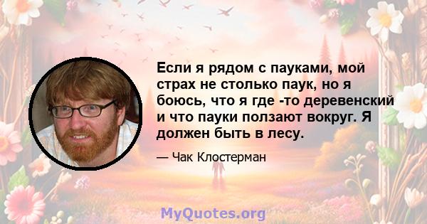 Если я рядом с пауками, мой страх не столько паук, но я боюсь, что я где -то деревенский и что пауки ползают вокруг. Я должен быть в лесу.