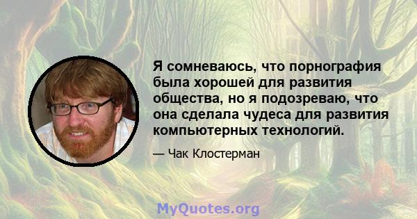 Я сомневаюсь, что порнография была хорошей для развития общества, но я подозреваю, что она сделала чудеса для развития компьютерных технологий.