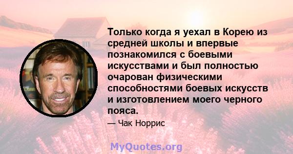 Только когда я уехал в Корею из средней школы и впервые познакомился с боевыми искусствами и был полностью очарован физическими способностями боевых искусств и изготовлением моего черного пояса.