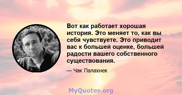 Вот как работает хорошая история. Это меняет то, как вы себя чувствуете. Это приводит вас к большей оценке, большей радости вашего собственного существования.