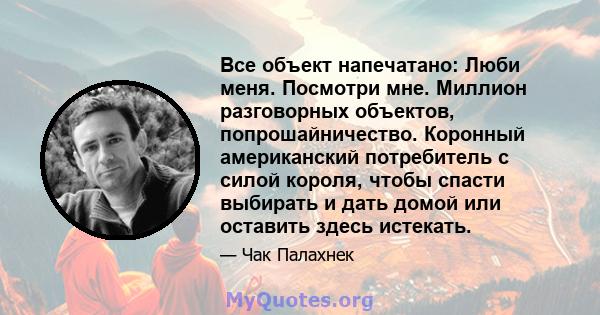 Все объект напечатано: Люби меня. Посмотри мне. Миллион разговорных объектов, попрошайничество. Коронный американский потребитель с силой короля, чтобы спасти выбирать и дать домой или оставить здесь истекать.