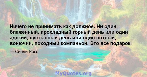 Ничего не принимать как должное. Ни один блаженный, прохладный горный день или один адский, пустынный день или один потный, вонючий, походный компаньон. Это все подарок.