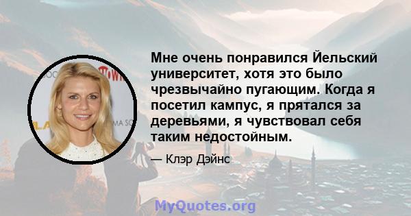 Мне очень понравился Йельский университет, хотя это было чрезвычайно пугающим. Когда я посетил кампус, я прятался за деревьями, я чувствовал себя таким недостойным.