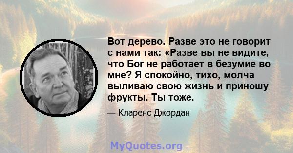 Вот дерево. Разве это не говорит с нами так: «Разве вы не видите, что Бог не работает в безумие во мне? Я спокойно, тихо, молча выливаю свою жизнь и приношу фрукты. Ты тоже.