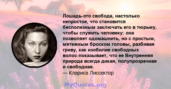 Лошадь-это свобода, настолько непростое, что становится бесполезным заключать его в тюрьму, чтобы служить человеку: она позволяет одомашнить, но с простым, мятежным броском головы, разбивая гриву, как изобилие свободных 