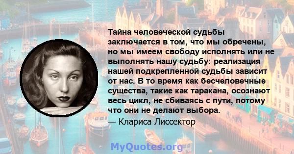 Тайна человеческой судьбы заключается в том, что мы обречены, но мы имеем свободу исполнять или не выполнять нашу судьбу: реализация нашей подкрепленной судьбы зависит от нас. В то время как бесчеловечные существа,