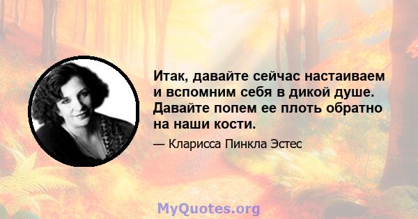 Итак, давайте сейчас настаиваем и вспомним себя в дикой душе. Давайте попем ее плоть обратно на наши кости.