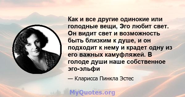 Как и все другие одинокие или голодные вещи, Эго любит свет. Он видит свет и возможность быть близким к душе, и он подходит к нему и крадет одну из его важных камуфляжей. В голоде души наше собственное эго-эльфи