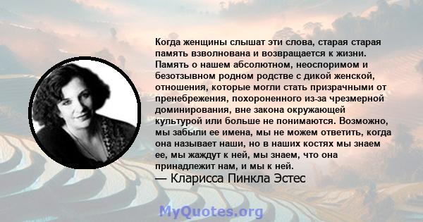 Когда женщины слышат эти слова, старая старая память взволнована и возвращается к жизни. Память о нашем абсолютном, неоспоримом и безотзывном родном родстве с дикой женской, отношения, которые могли стать призрачными от 