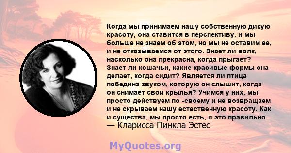 Когда мы принимаем нашу собственную дикую красоту, она ставится в перспективу, и мы больше не знаем об этом, но мы не оставим ее, и не отказываемся от этого. Знает ли волк, насколько она прекрасна, когда прыгает? Знает