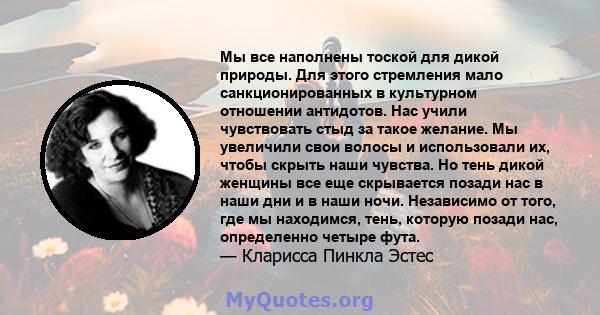 Мы все наполнены тоской для дикой природы. Для этого стремления мало санкционированных в культурном отношении антидотов. Нас учили чувствовать стыд за такое желание. Мы увеличили свои волосы и использовали их, чтобы