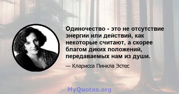 Одиночество - это не отсутствие энергии или действий, как некоторые считают, а скорее благом диких положений, передаваемых нам из души.