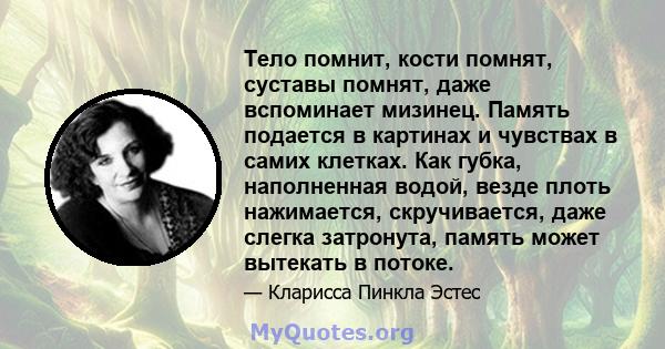 Тело помнит, кости помнят, суставы помнят, даже вспоминает мизинец. Память подается в картинах и чувствах в самих клетках. Как губка, наполненная водой, везде плоть нажимается, скручивается, даже слегка затронута,