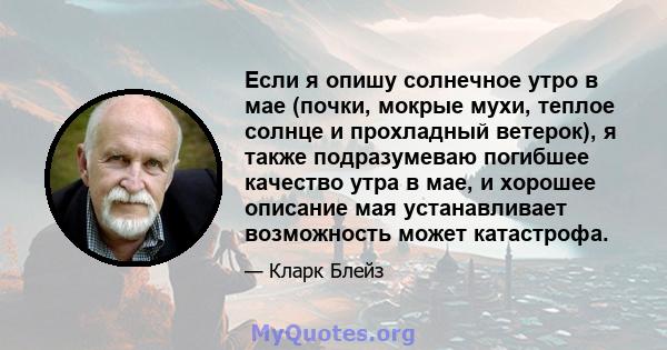 Если я опишу солнечное утро в мае (почки, мокрые мухи, теплое солнце и прохладный ветерок), я также подразумеваю погибшее качество утра в мае, и хорошее описание мая устанавливает возможность может катастрофа.