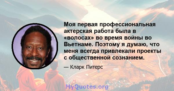 Моя первая профессиональная актерская работа была в «волосах» во время войны во Вьетнаме. Поэтому я думаю, что меня всегда привлекали проекты с общественной сознанием.