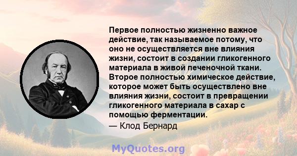 Первое полностью жизненно важное действие, так называемое потому, что оно не осуществляется вне влияния жизни, состоит в создании гликогенного материала в живой печеночной ткани. Второе полностью химическое действие,