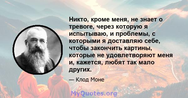 Никто, кроме меня, не знает о тревоге, через которую я испытываю, и проблемы, с которыми я доставляю себе, чтобы закончить картины, которые не удовлетворяют меня и, кажется, любят так мало других.