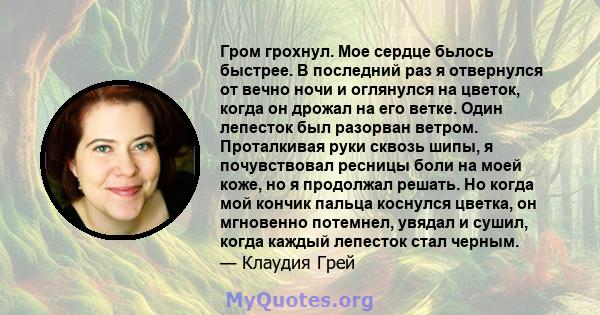 Гром грохнул. Мое сердце бьлось быстрее. В последний раз я отвернулся от вечно ночи и оглянулся на цветок, когда он дрожал на его ветке. Один лепесток был разорван ветром. Проталкивая руки сквозь шипы, я почувствовал