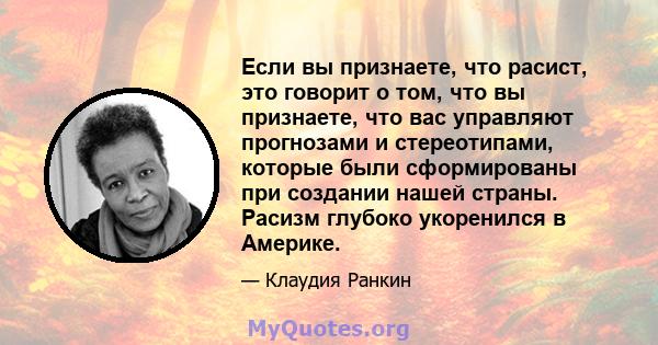 Если вы признаете, что расист, это говорит о том, что вы признаете, что вас управляют прогнозами и стереотипами, которые были сформированы при создании нашей страны. Расизм глубоко укоренился в Америке.