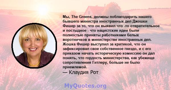 Мы, The Greens, должны поблагодарить нашего бывшего министра иностранных дел Джошки Фишер за то, что он выявил что -то отвратительное и постыдное - что нацистские идеи были полностью приняты работниками белых