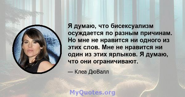 Я думаю, что бисексуализм осуждается по разным причинам. Но мне не нравится ни одного из этих слов. Мне не нравится ни один из этих ярлыков. Я думаю, что они ограничивают.