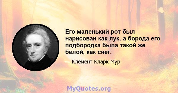 Его маленький рот был нарисован как лук, а борода его подбородка была такой же белой, как снег.