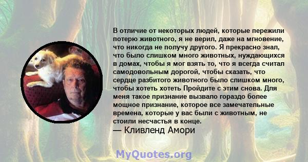 В отличие от некоторых людей, которые пережили потерю животного, я не верил, даже на мгновение, что никогда не получу другого. Я прекрасно знал, что было слишком много животных, нуждающихся в домах, чтобы я мог взять