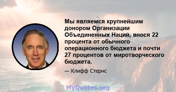 Мы являемся крупнейшим донором Организации Объединенных Наций, внося 22 процента от обычного операционного бюджета и почти 27 процентов от миротворческого бюджета.