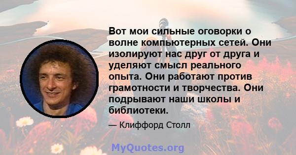 Вот мои сильные оговорки о волне компьютерных сетей. Они изолируют нас друг от друга и уделяют смысл реального опыта. Они работают против грамотности и творчества. Они подрывают наши школы и библиотеки.