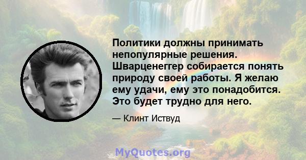 Политики должны принимать непопулярные решения. Шварценеггер собирается понять природу своей работы. Я желаю ему удачи, ему это понадобится. Это будет трудно для него.