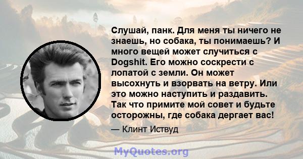 Слушай, панк. Для меня ты ничего не знаешь, но собака, ты понимаешь? И много вещей может случиться с Dogshit. Его можно соскрести с лопатой с земли. Он может высохнуть и взорвать на ветру. Или это можно наступить и