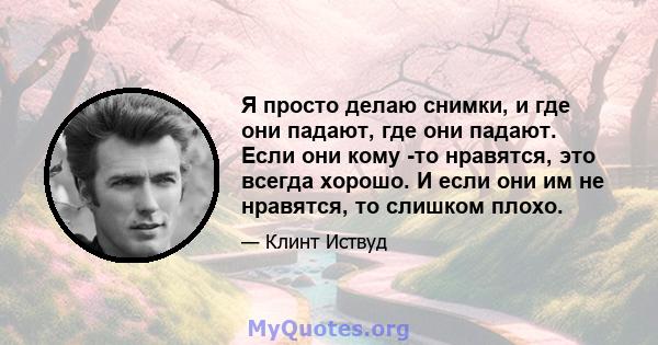 Я просто делаю снимки, и где они падают, где они падают. Если они кому -то нравятся, это всегда хорошо. И если они им не нравятся, то слишком плохо.