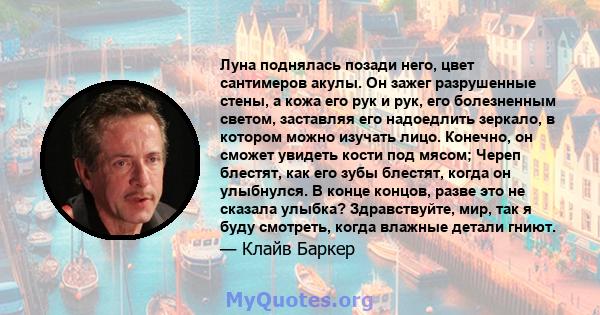 Луна поднялась позади него, цвет сантимеров акулы. Он зажег разрушенные стены, а кожа его рук и рук, его болезненным светом, заставляя его надоедлить зеркало, в котором можно изучать лицо. Конечно, он сможет увидеть