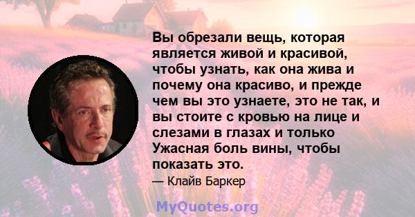 Вы обрезали вещь, которая является живой и красивой, чтобы узнать, как она жива и почему она красиво, и прежде чем вы это узнаете, это не так, и вы стоите с кровью на лице и слезами в глазах и только Ужасная боль вины,