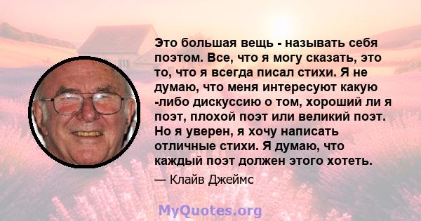 Это большая вещь - называть себя поэтом. Все, что я могу сказать, это то, что я всегда писал стихи. Я не думаю, что меня интересуют какую -либо дискуссию о том, хороший ли я поэт, плохой поэт или великий поэт. Но я