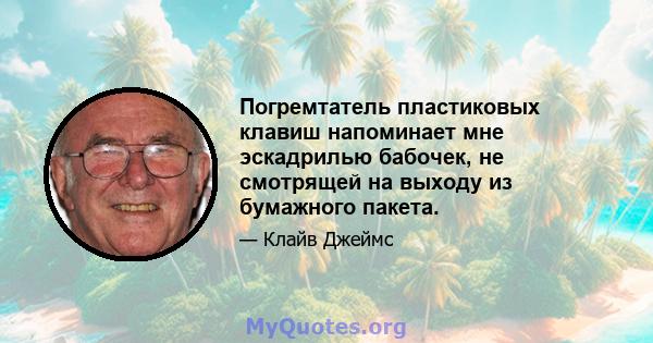 Погремтатель пластиковых клавиш напоминает мне эскадрилью бабочек, не смотрящей на выходу из бумажного пакета.