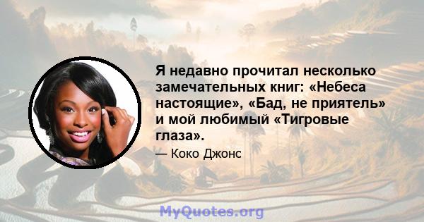 Я недавно прочитал несколько замечательных книг: «Небеса настоящие», «Бад, не приятель» и мой любимый «Тигровые глаза».