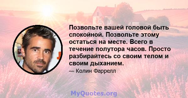 Позвольте вашей головой быть спокойной. Позвольте этому остаться на месте. Всего в течение полутора часов. Просто разбирайтесь со своим телом и своим дыханием.