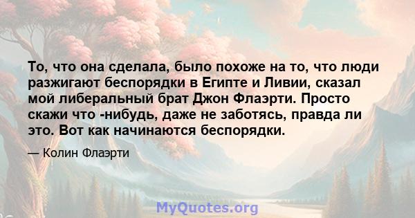 То, что она сделала, было похоже на то, что люди разжигают беспорядки в Египте и Ливии, сказал мой либеральный брат Джон Флаэрти. Просто скажи что -нибудь, даже не заботясь, правда ли это. Вот как начинаются беспорядки.